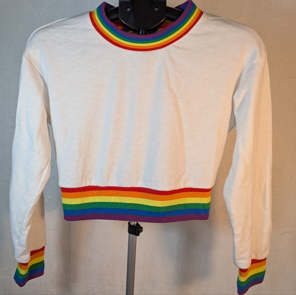 None Tops - Rainbow Trim Cropped Long Sleeve Top | Pride Retro Y2K White Sweatshirt